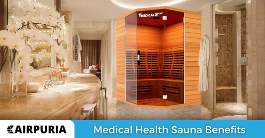 An image of the Medical 8 medical infrared sauna 8v2 in a bathroom with the exact text, "Medical Health Sauna Benefits".