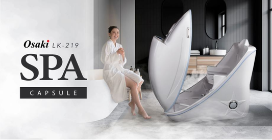 Happy woman standing beside her on-site, luxury LK219 Spa Capsule