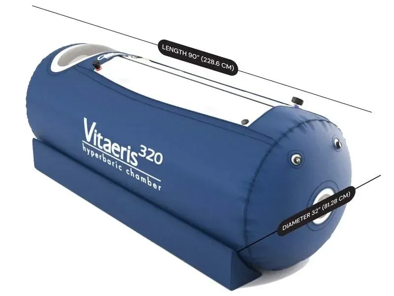 The length, width, and height of the OxyHealth Vitaeris 320 hyperbaric therapy chamber, marked on a dimensions diagram.
