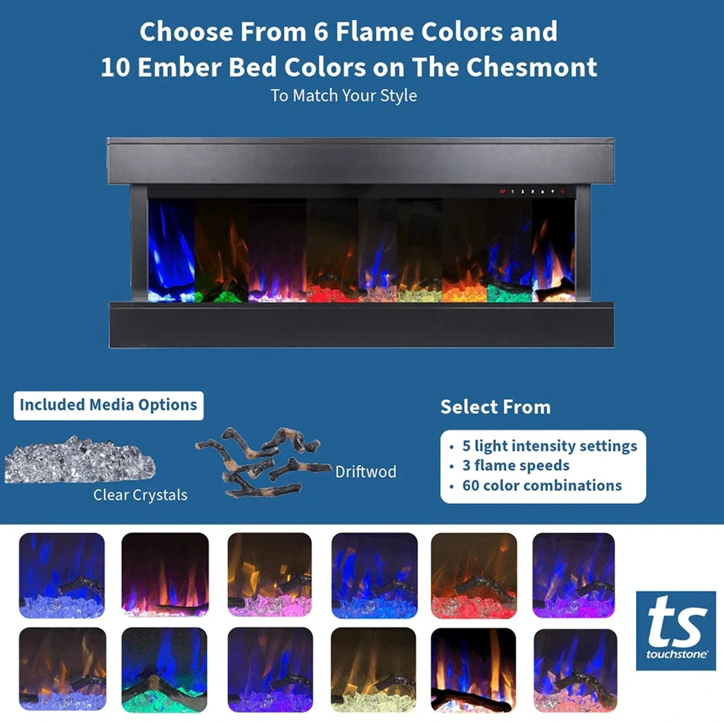 Chesmont Black 50" Wall Mount 3-Sided Smart Electric Fireplace (Alexa/Google Compatible)