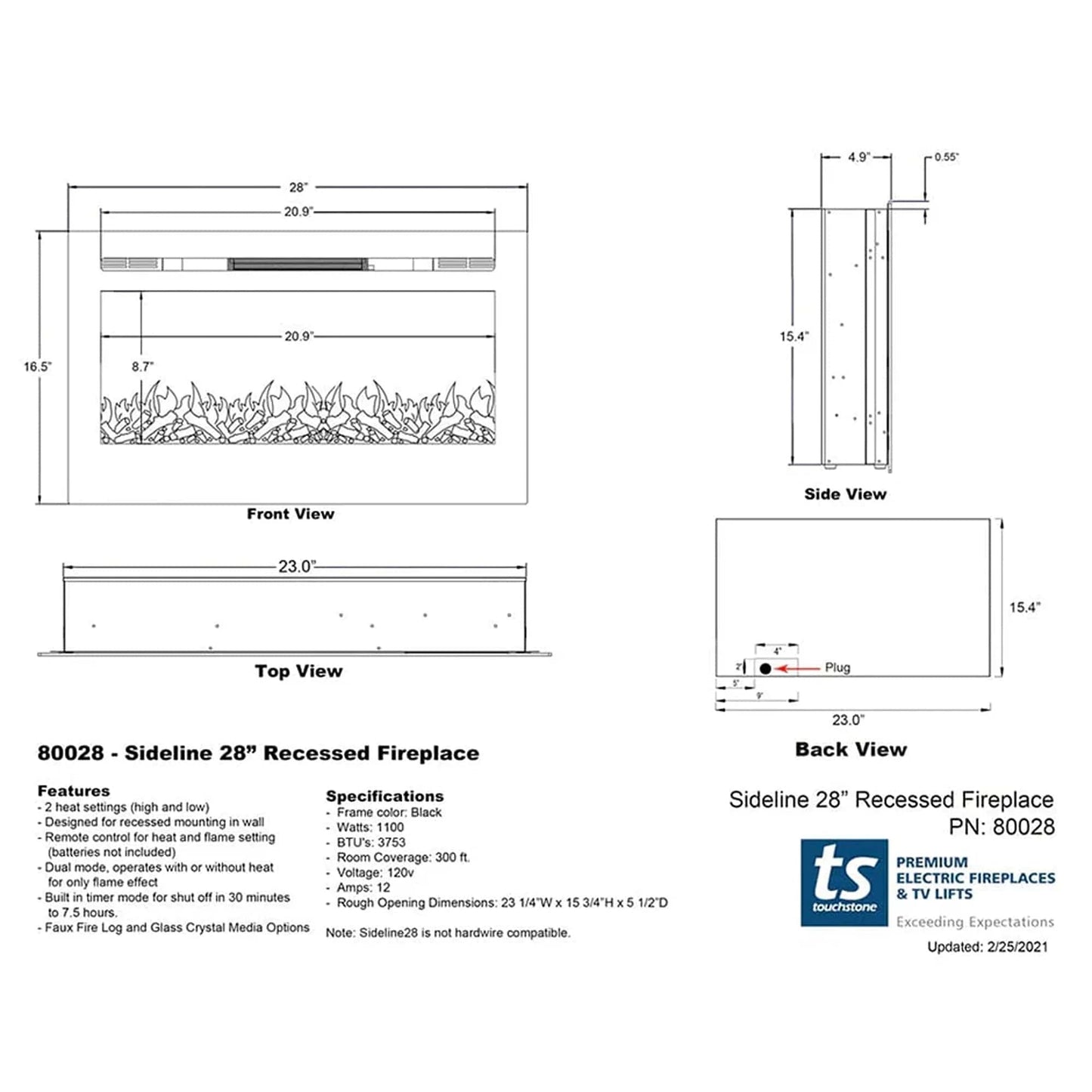 The Sideline 28" Recessed Electric Fireplace
