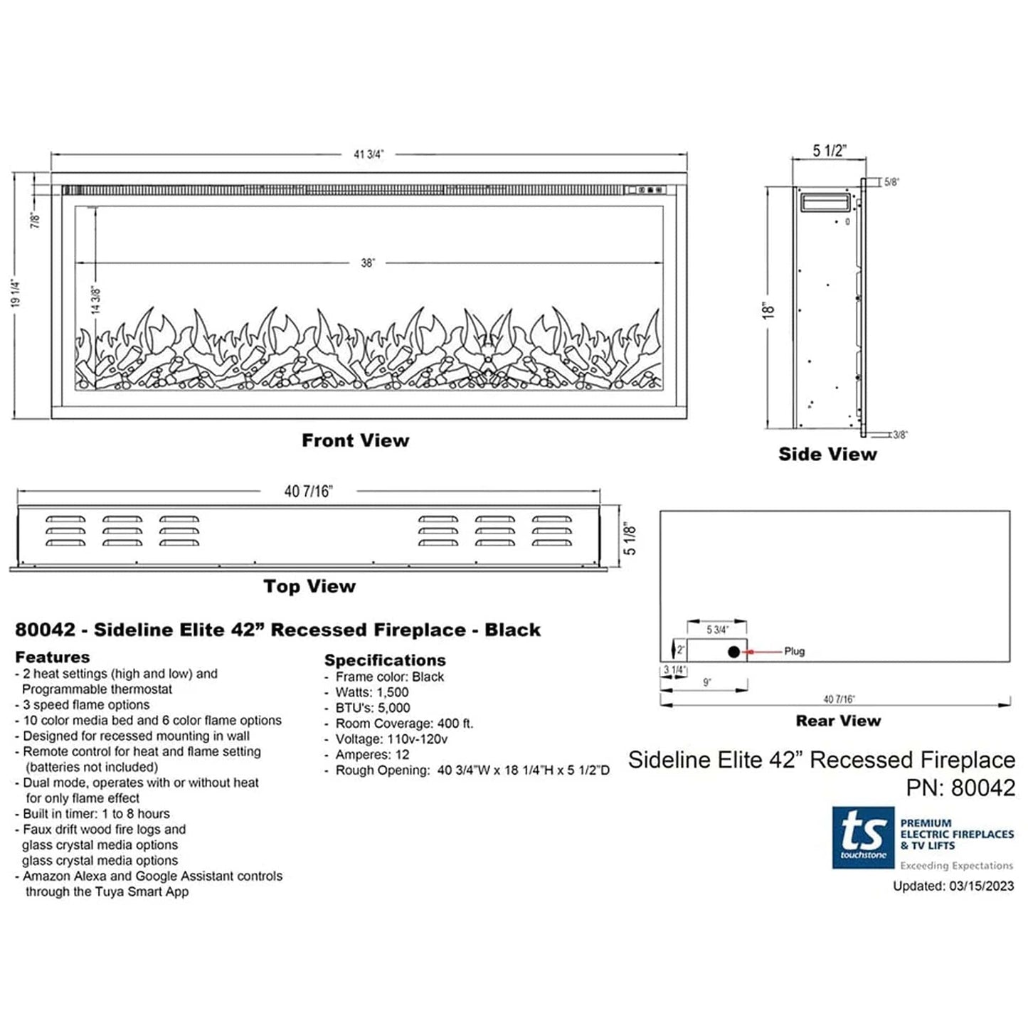 Sideline Elite Smart 42" WiFi-Enabled Recessed Electric Fireplace (Alexa/Google Compatible)