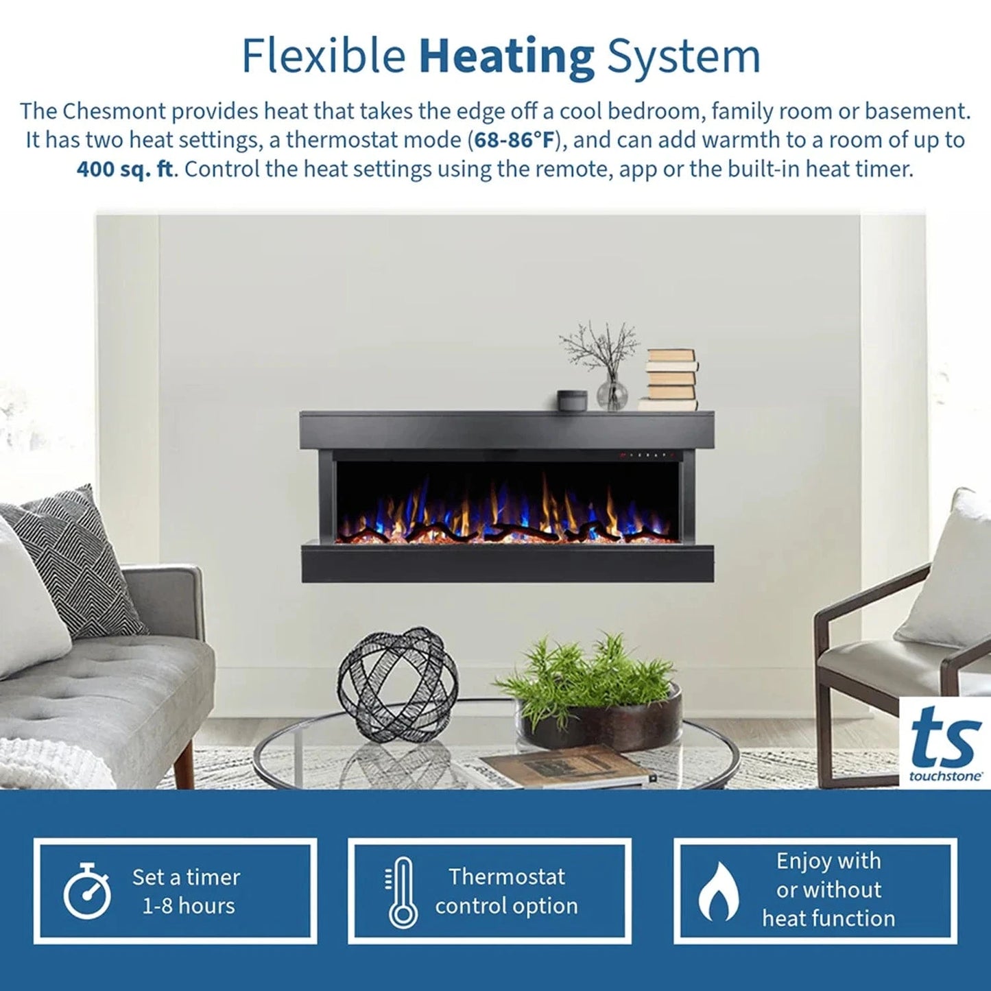 Chesmont Black 50" Wall Mount 3-Sided Smart Electric Fireplace (Alexa/Google Compatible)