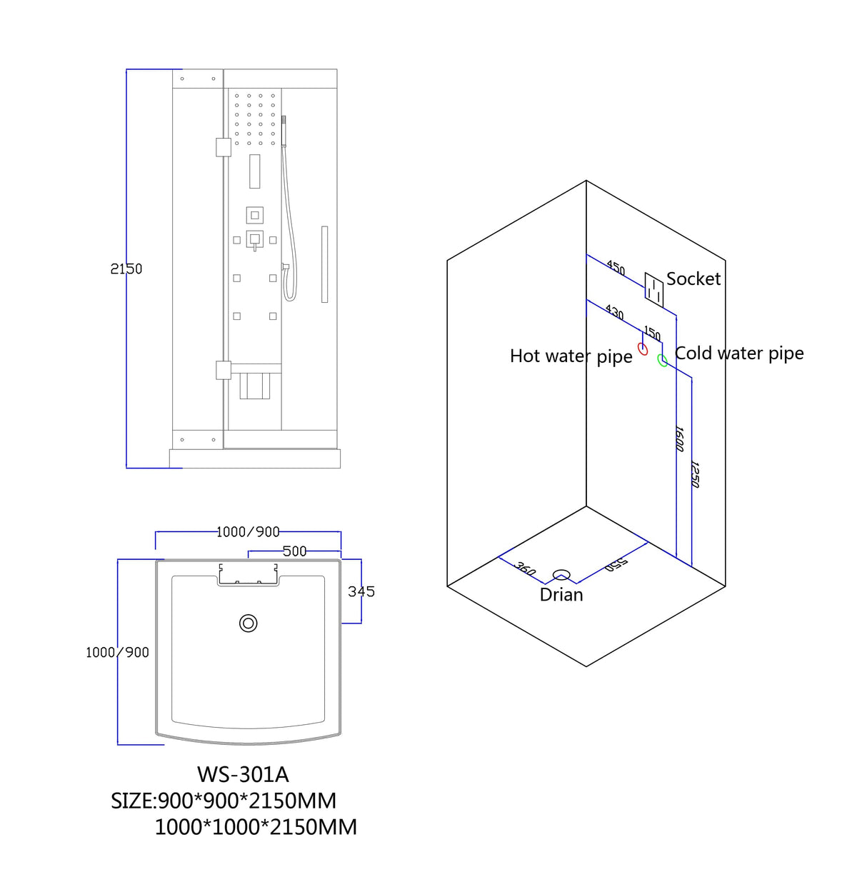 Mesa 39" WS-301A Rectangular Free Standing Walk In Steam Shower