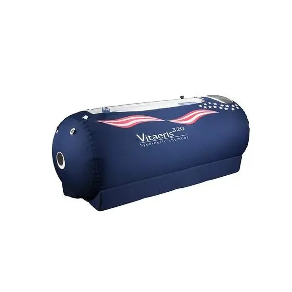 The OxyHealth Vitaeris 320® pressurized chamber viewed from an angle against a plain backdrop.