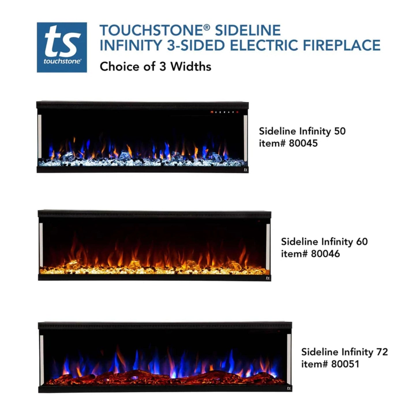 Sideline Infinity 3 Sided 60" WiFi Enabled Recessed Electric Fireplace 80046 (Alexa/Google Compatible) Touchstone
