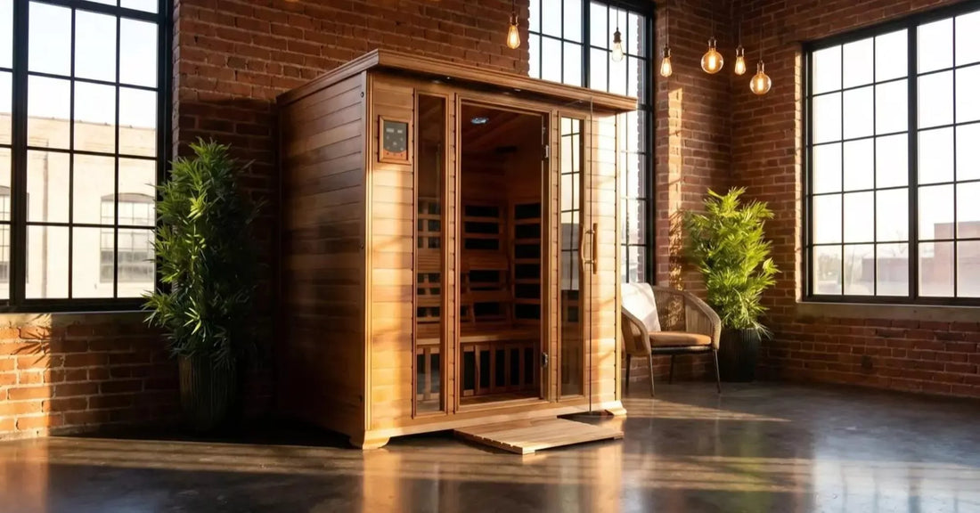 The SunRay Sequoia four-person indoor infrared sauna in a sunlit brick loft.