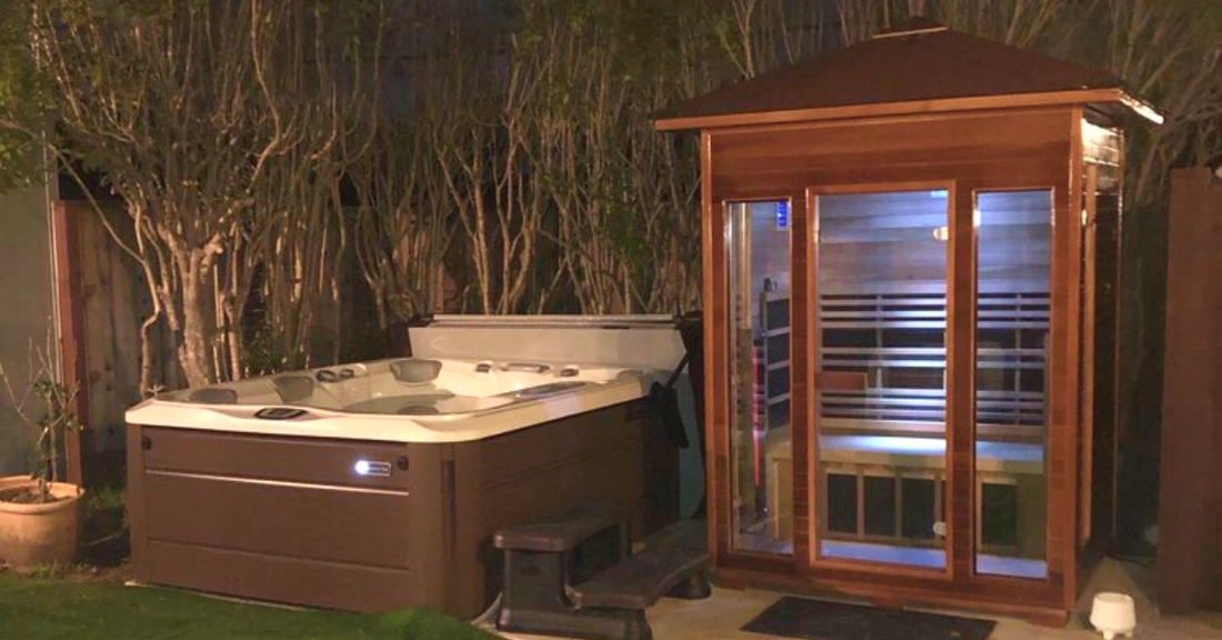 Image of a 2 person outdoor sauna by Enlighten sauna.