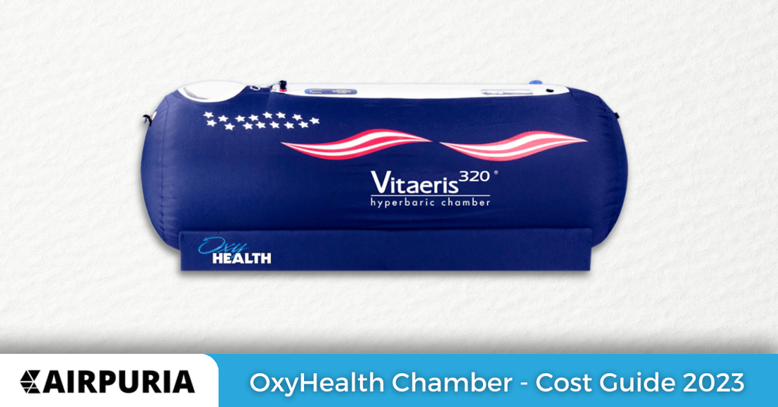 An image of Oxyhealth hyperbaric chamber with the text "Oxyhealth Hyperbaric Chamber Cost Guide".