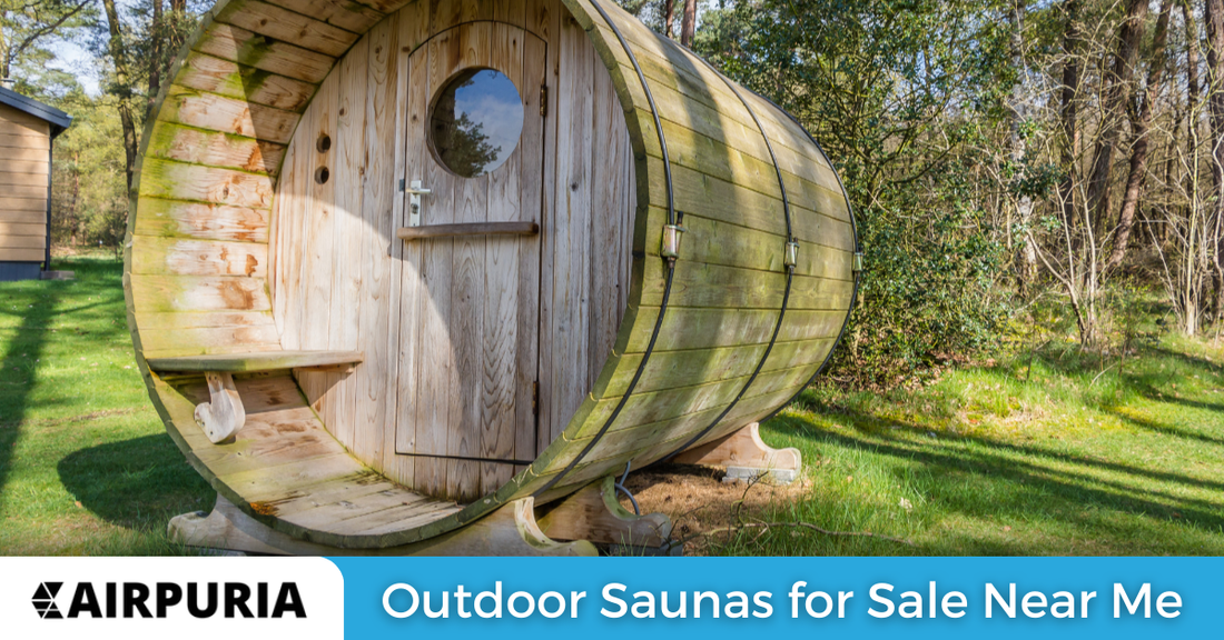 A photo showing an an outdoor barrel sauna in a backyard, corresponding to "Outdoor saunas for sale near me" for all locations