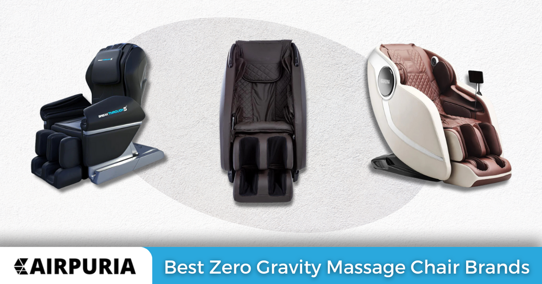 Image of 3 different zero gravity massage chairs offered by Airpuria with free shipping.