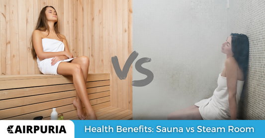 A picture of a woman in a sauna and a woman in a steam room with the exact text "Health Benefits: Sauna vs Steam Room" visible.