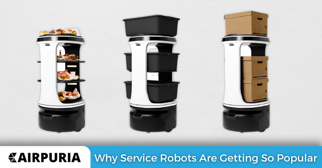 Image of the three types of Servi robots from Airpuria.