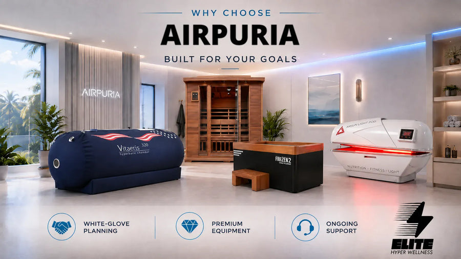Home wellness room featuring a hyperbaric oxygen chamber, infrared sauna, cold plunge tub, and red light therapy bed.