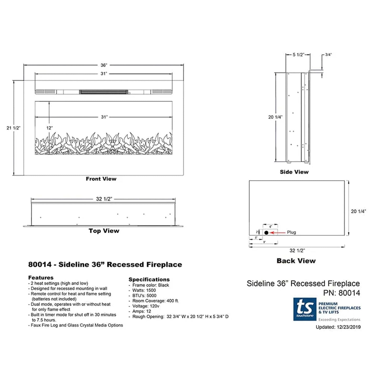The Sideline 36" Recessed Electric Fireplace
