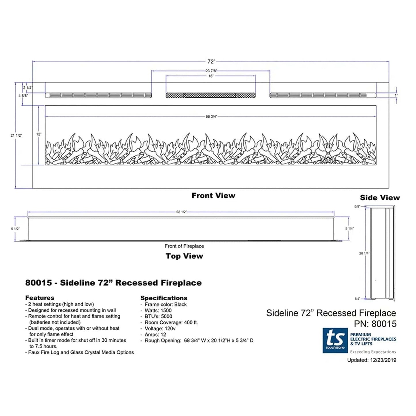 The Sideline 72" Recessed Smart Electric Fireplace