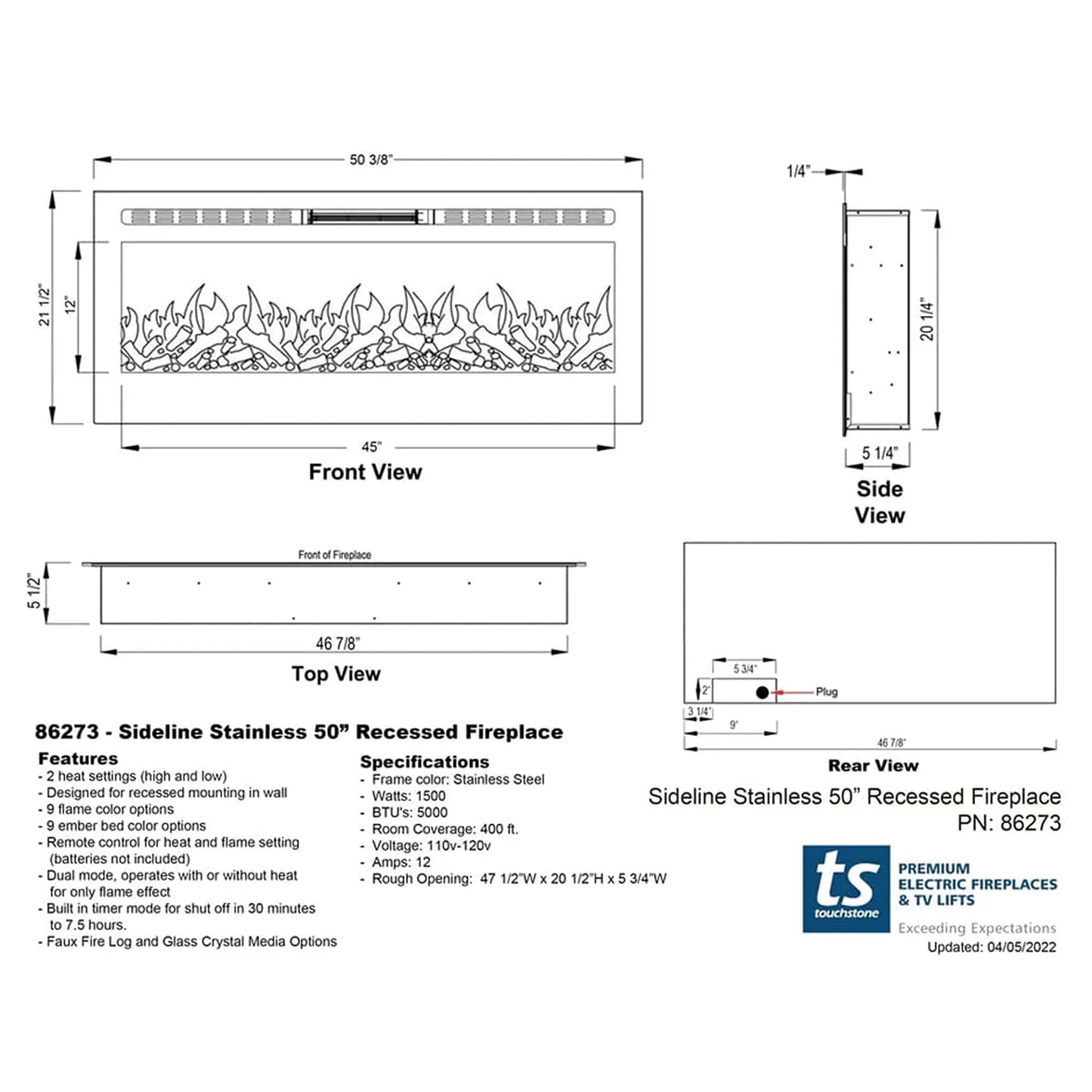 The Sideline Deluxe 50" Stainless Steel Recessed Electric Fireplace