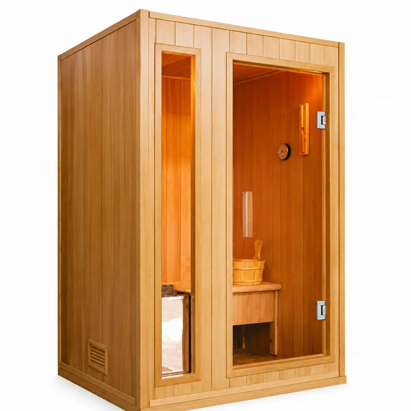 Sunray Baldwin 2-Person indoor traditional sauna with natural Canadian Hemlock wood finish.