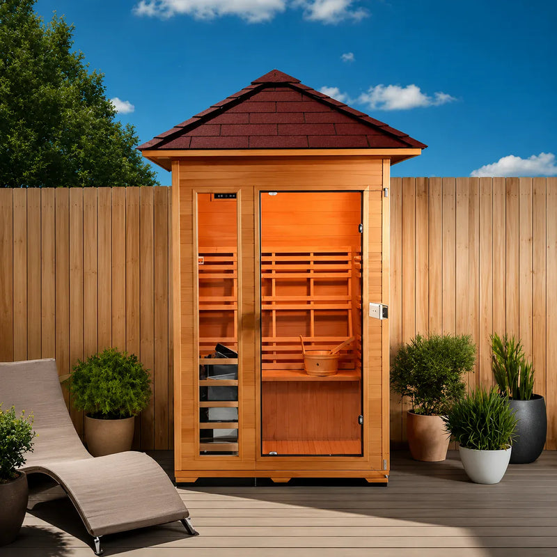 Sunray Bristow 2-Person outdoor traditional sauna with canopy roof and front glass door.