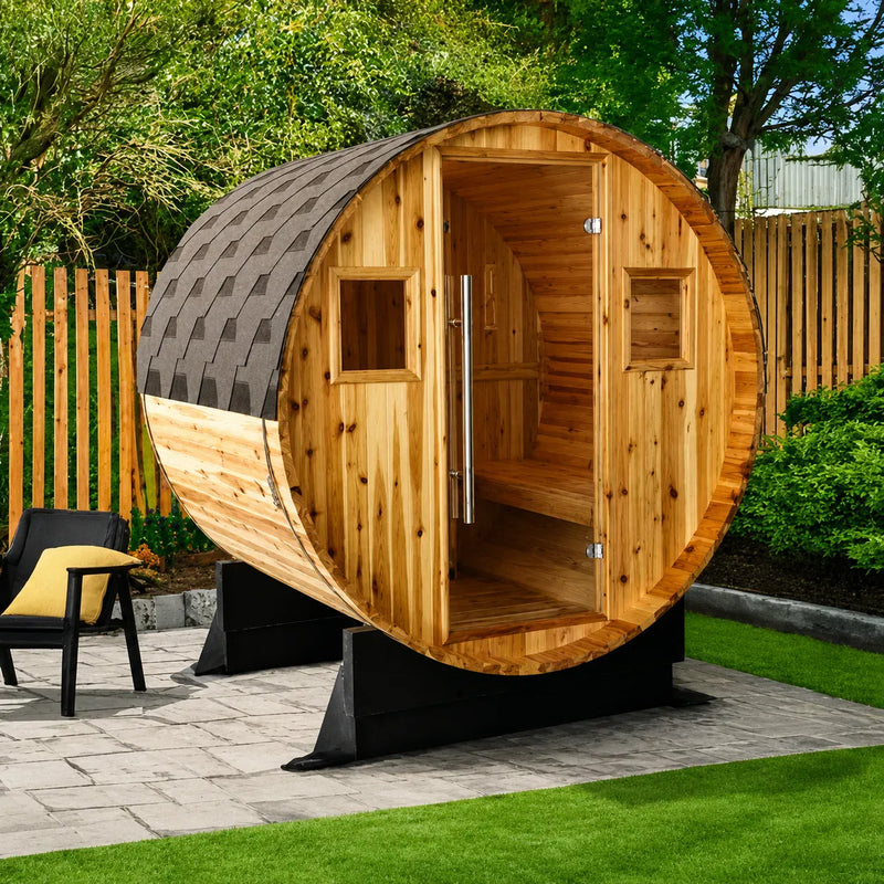 Sunray Oasis 2-4 person outdoor traditional canopy barrel sauna in a backyard setting.