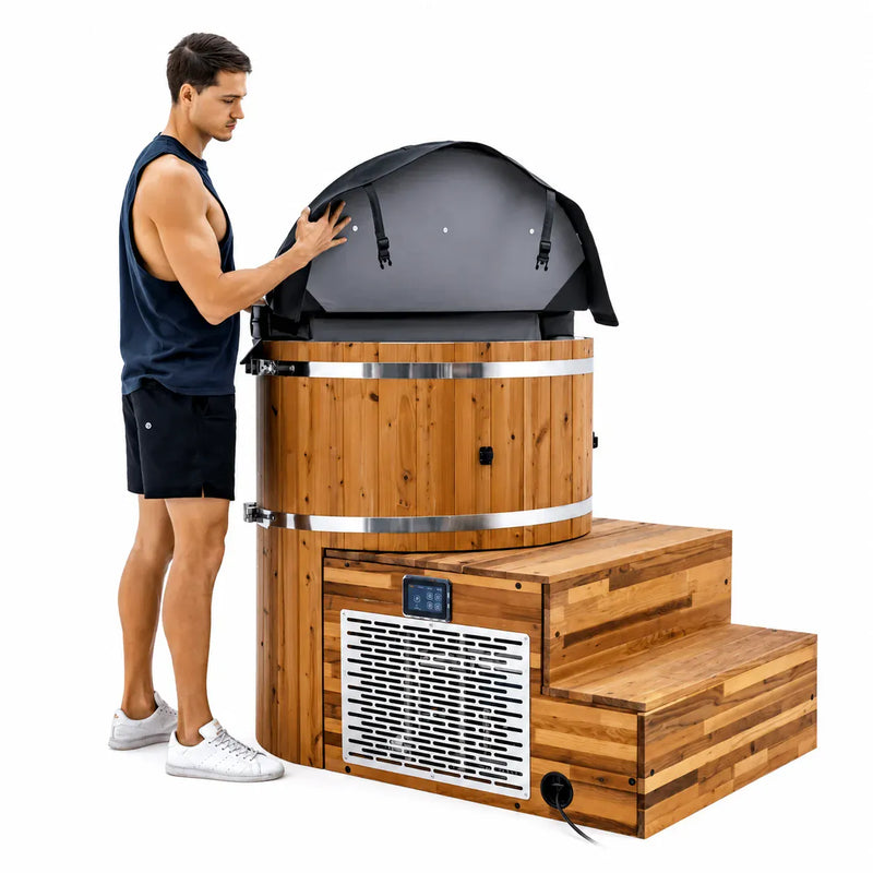 Wooden cold plunge tub with insulated cover and built-in chiller for home cold water therapy.