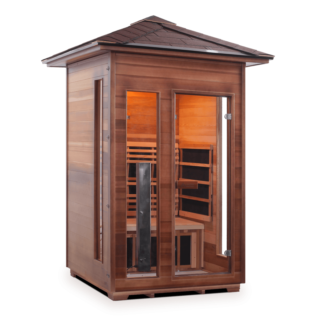 An photograph of the Enlighten Full Spectrum Infrared Sauna RUSTIC - 2 Peak - 2 Person Outdoor Sauna offered by Airpuria.