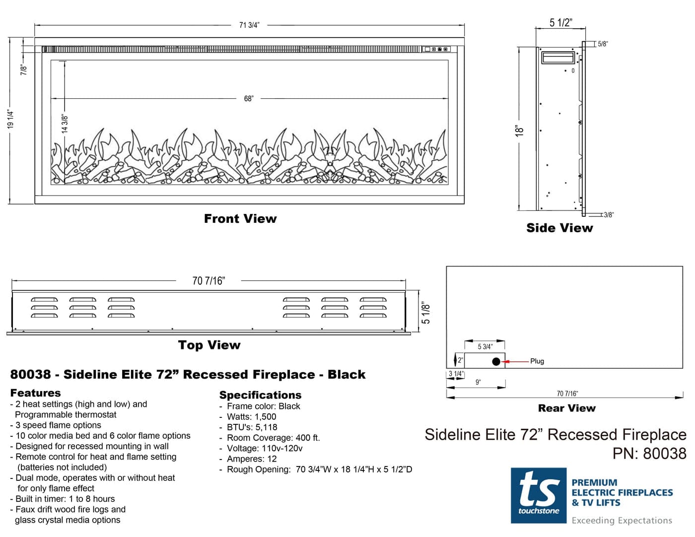 Sideline Elite Smart 72" WiFi-Enabled Recessed Electric Fireplace (Alexa/Google Compatible) Touchstone