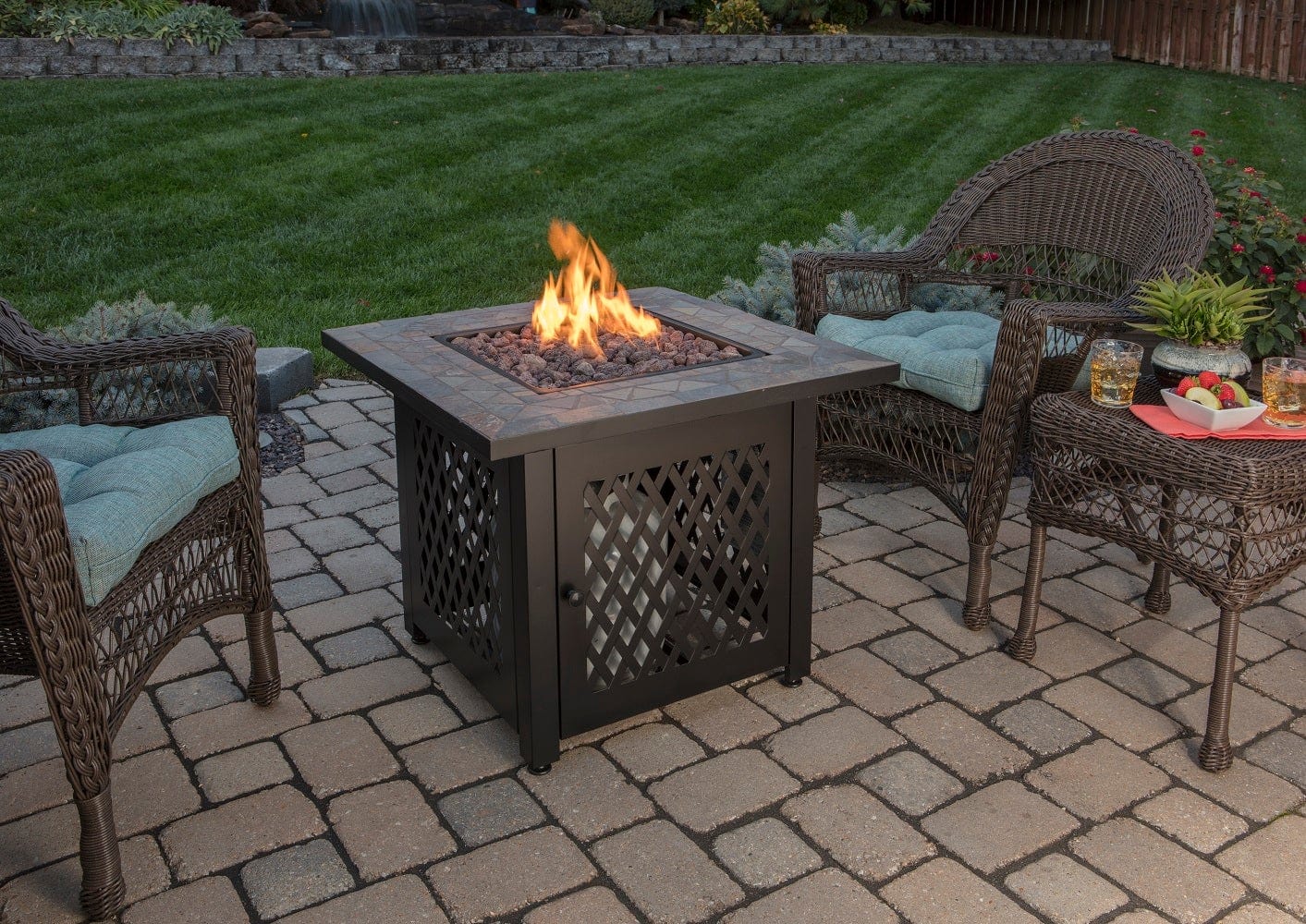 Fire Table LP Gas Outdoor Fire Pit with 30-in Slate Tile Mantel Mr. Bar-B-Q Products