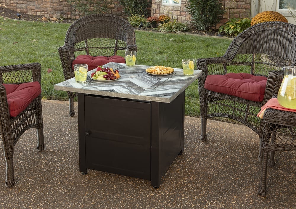 Fire Table The Duvall, LP Gas Outdoor Fire Pit with Printed Resin Mantel Mr. Bar-B-Q Products