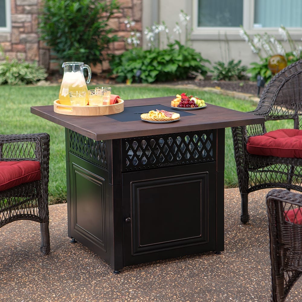 Fire Table The Donovan, Dual Heat LP Gas Outdoor Fire Pit/Patio Heater with Wood Look Resin Mantel Mr. Bar-B-Q Products