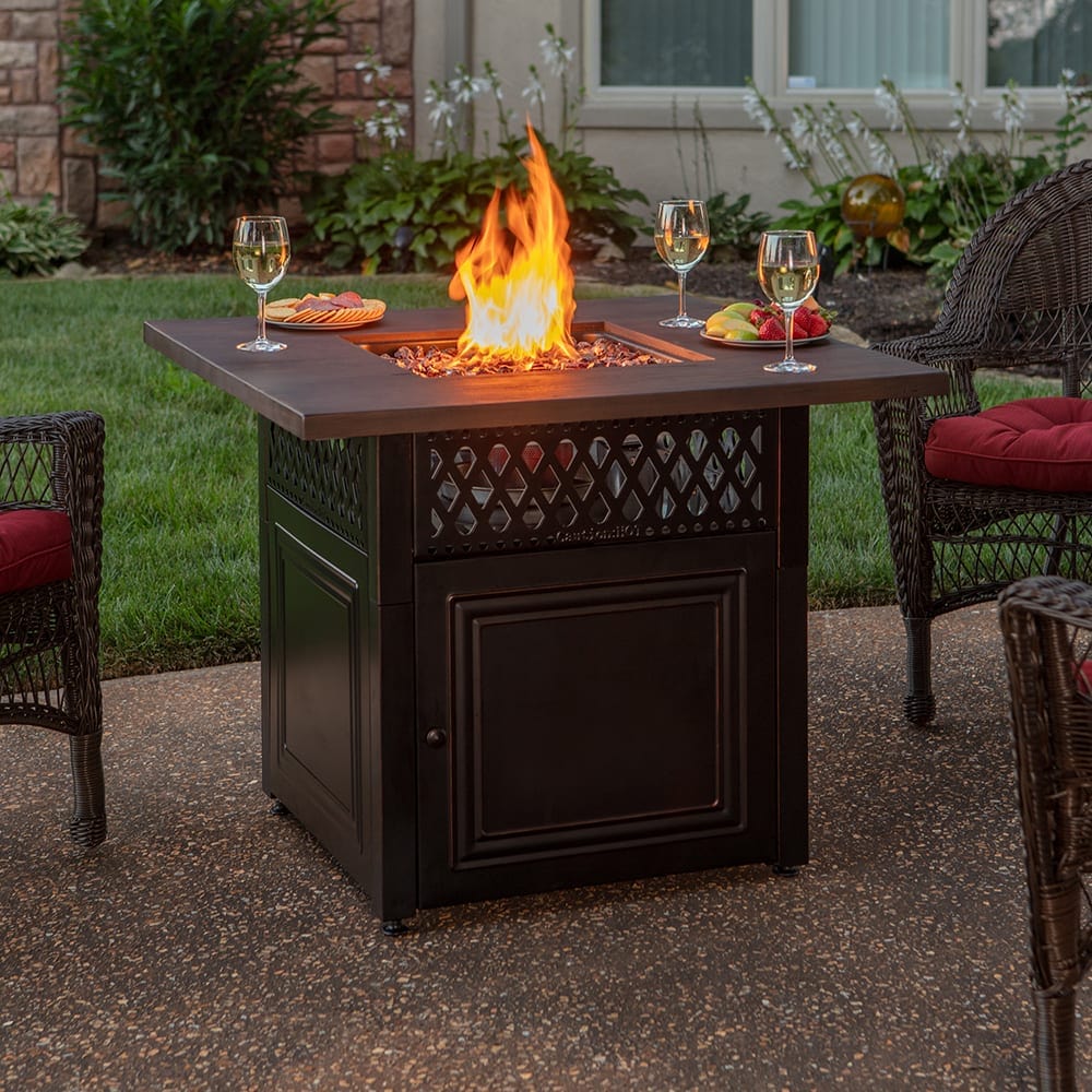 Fire Table The Donovan, Dual Heat LP Gas Outdoor Fire Pit/Patio Heater with Wood Look Resin Mantel Mr. Bar-B-Q Products