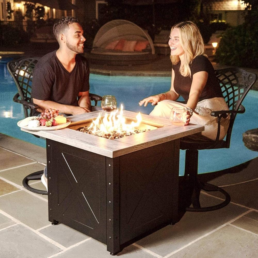 Fire Table The Mason, 30" Square Gas Outdoor Fire Pit with Printed Wood Lat look Cement Resin Mantel Mr. Bar-B-Q Products